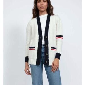 ASKK NY Varsity Cardigan Organic Cotton White Navy Blue Size Small S